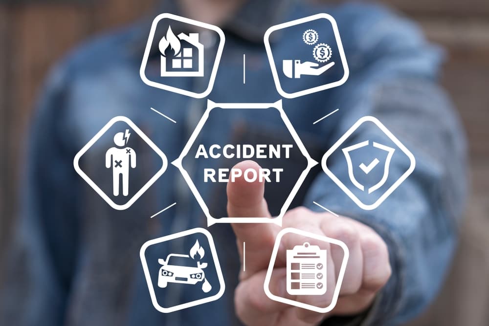 Man using virtual touch screen presses inscription: ACCIDENT REPORT. Concept of accident report. Claim injury compensation. Filling of accident report form