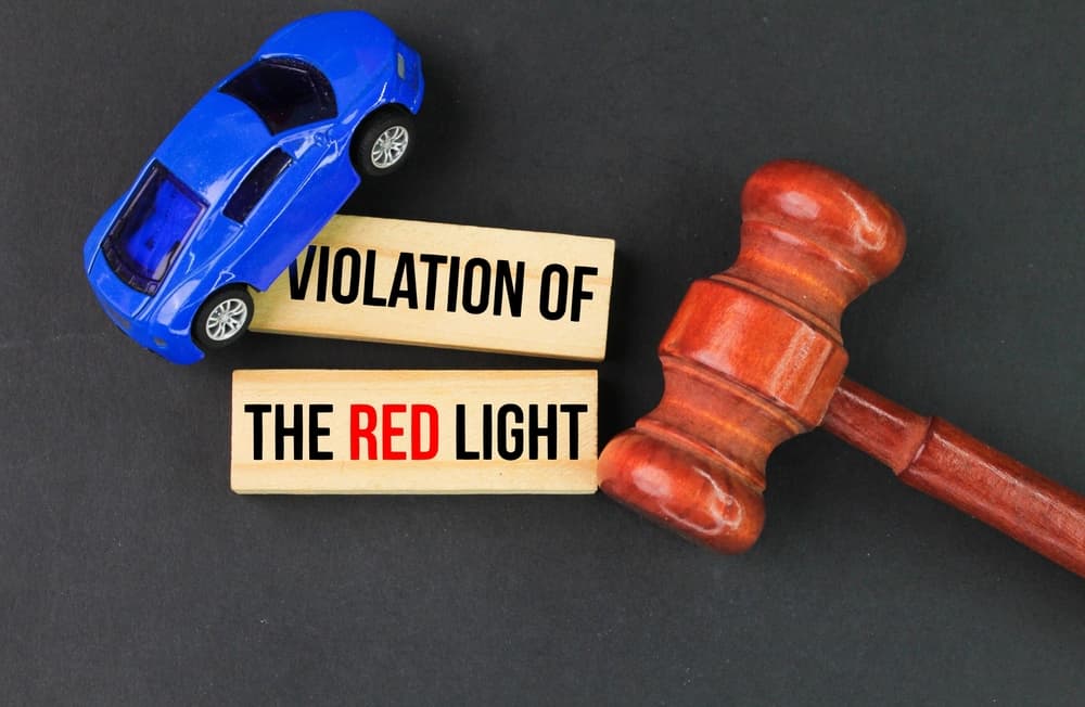 judge's gavel, car and stick with the words violation of the red light. driving fault