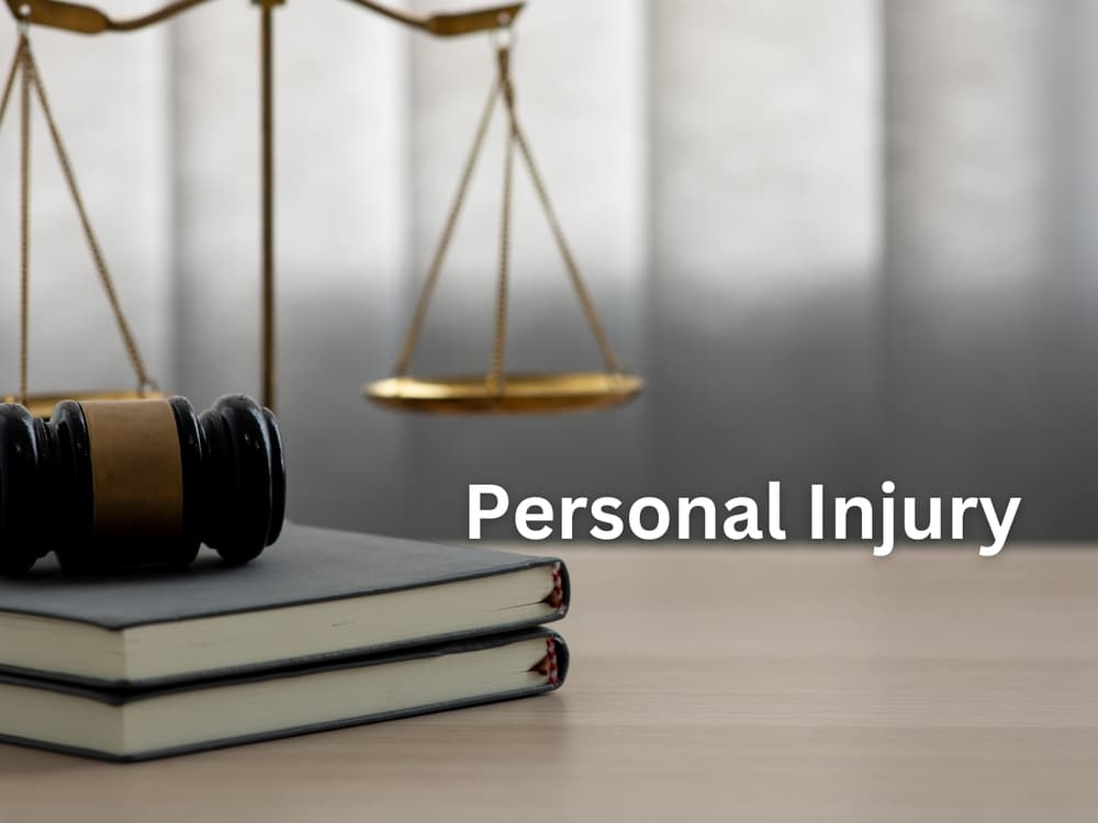 Personal injury law, featuring a gavel, legal documents