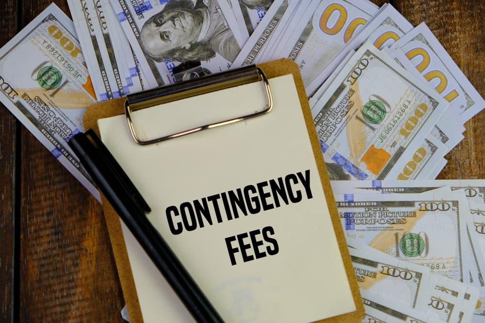 Contingency Fees wording with clock and calculator.