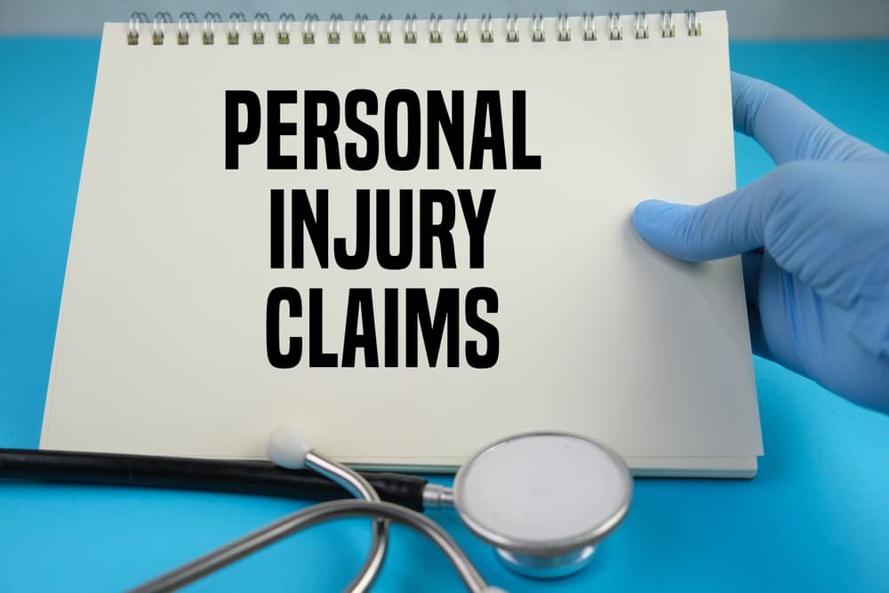 text Personal injury claims on white note book with the stethoscope as a medical and insurance coverage.