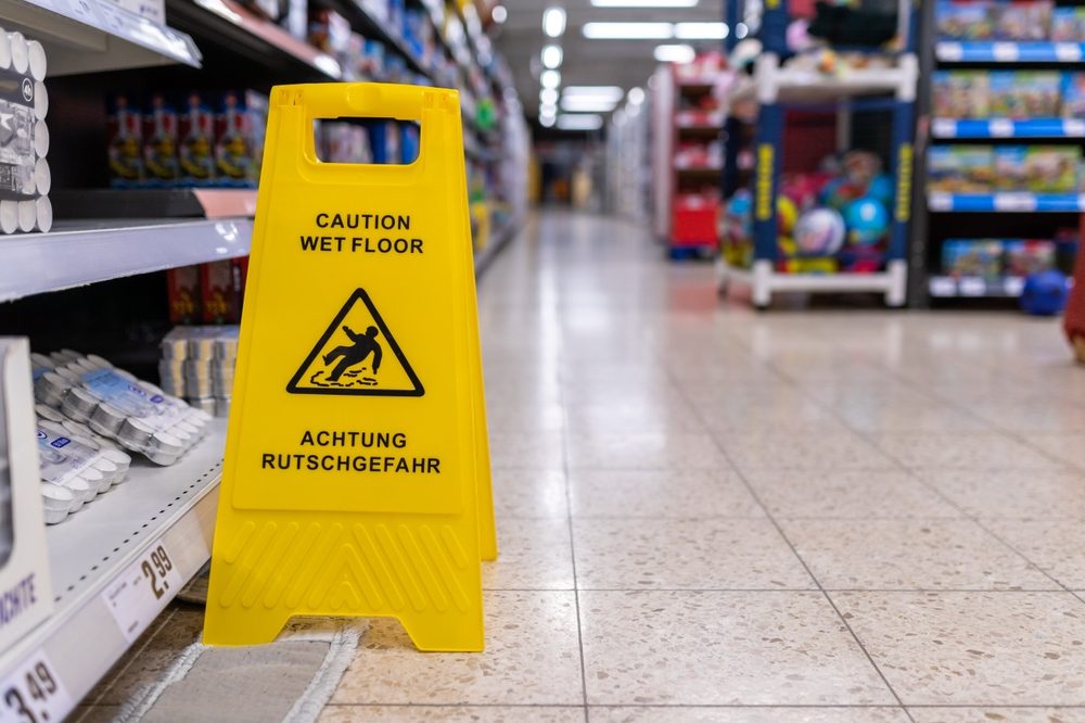 Caution wet floor sign in grocery store aisle where slip and fall accidents occur
