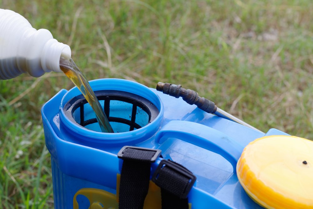 Pouring herbicide concentrate into a backpack sprayer tank